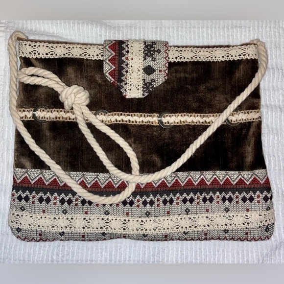 Women’s Hand Made brown Velvety Corduroy Fabric‎ crossbody Bag, cotton lace - Picture 2 of 14